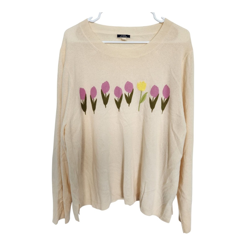 J. Crew Factory Cream Sweater with Pink & Yellow Tulip Motif